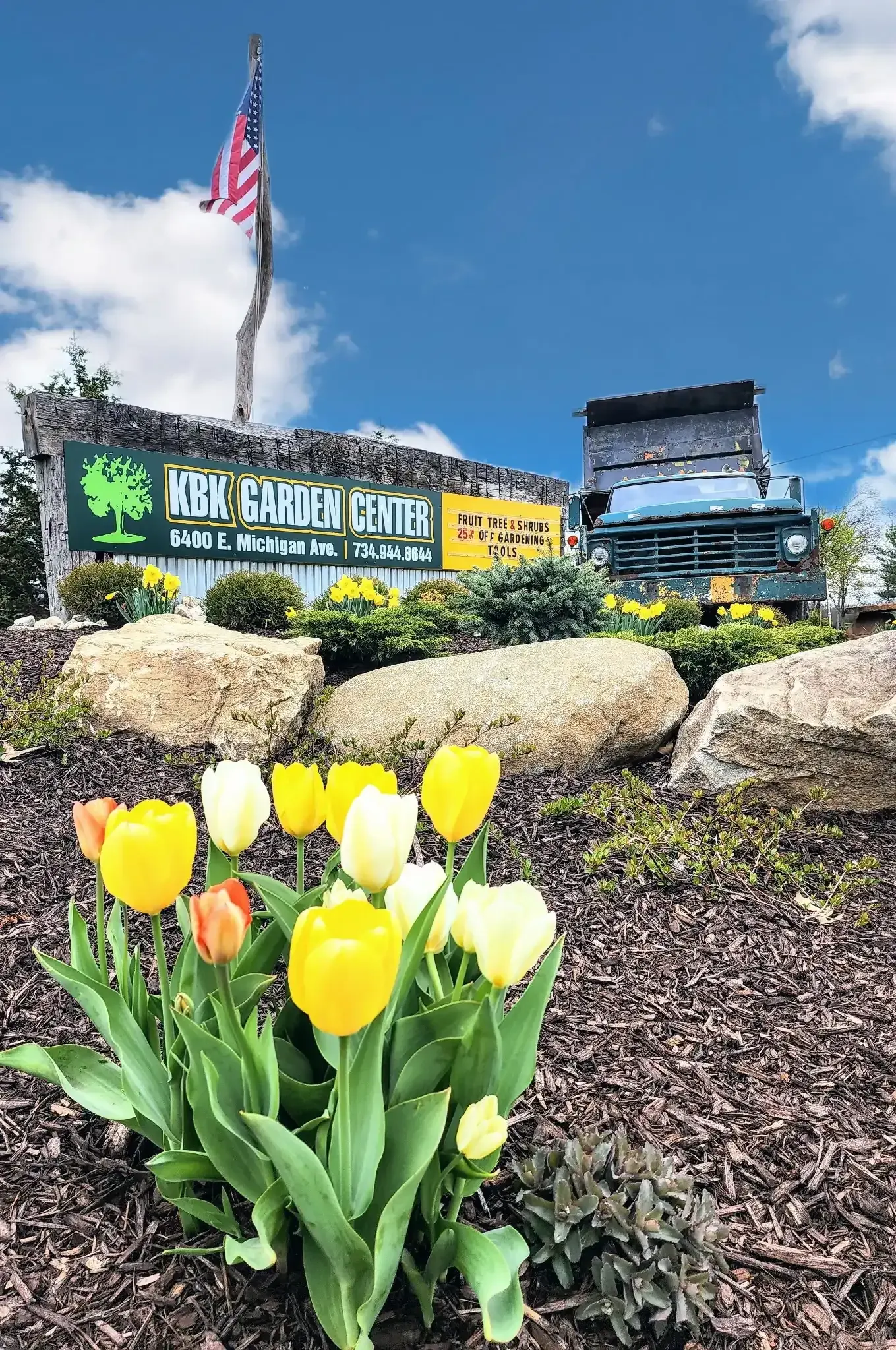 Landscaped display of plants and materials at the KBK Garden Center nursery