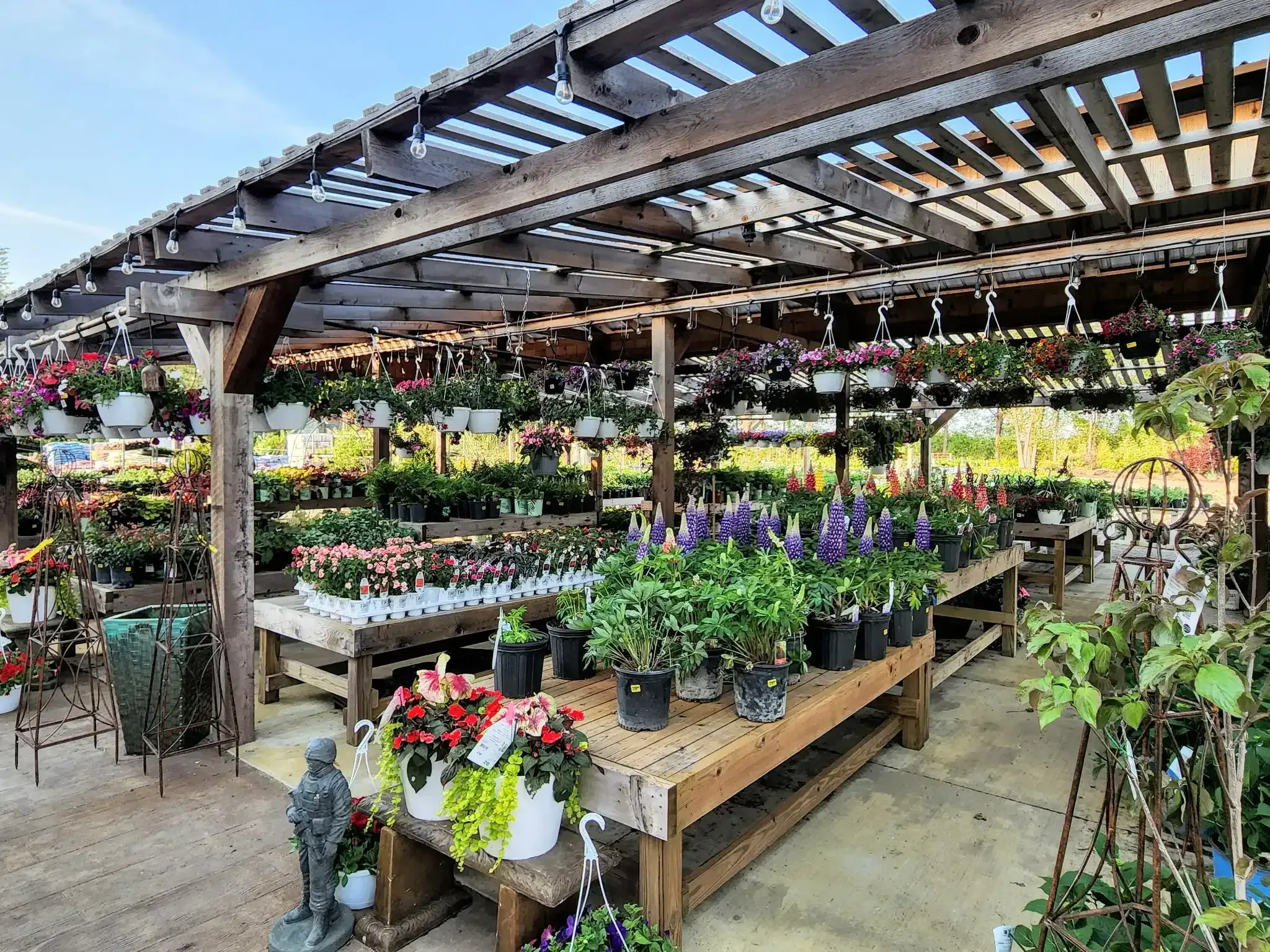 Garden statue among flower benches and hanging baskets under the pergola